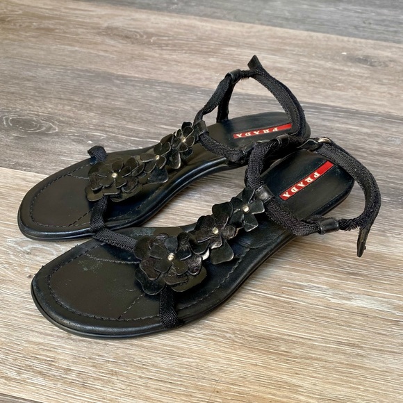 Prada black leather Calzature Donna Flower Easy kitten heel sandals size 36 - Picture 1 of 12